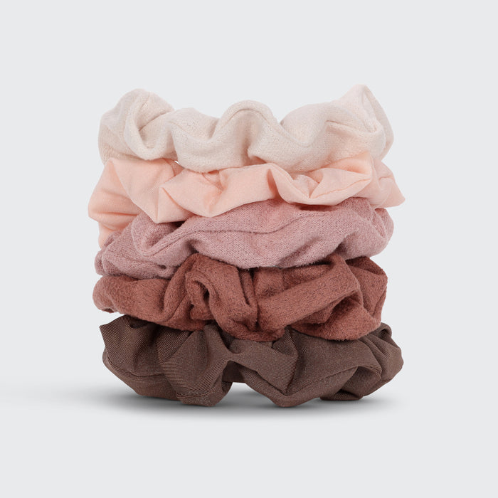 KITSCH Assorted Textured Scrunchies 5pc Set in Terracotta — product flat lay showing all 5 terracotta scrunchies — earth-toned mix for warm seasonal looks