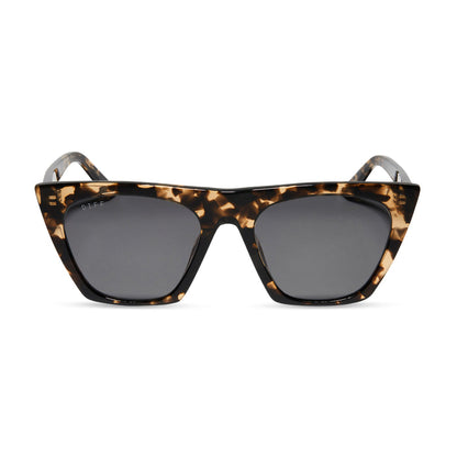 diff eyewear avril cat eye sunglasses with a espresso tortoise frame and grey lenses front view