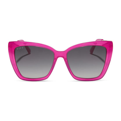 diff eyewear featuring the becky ii cat eye sunglasses with a bright pink tulip & gold frame and grey gradient polarized lenses front view