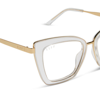 diff eyewear featuring the becky iv cat eye prescription glasses with a clear crystal with gold frame detailed view