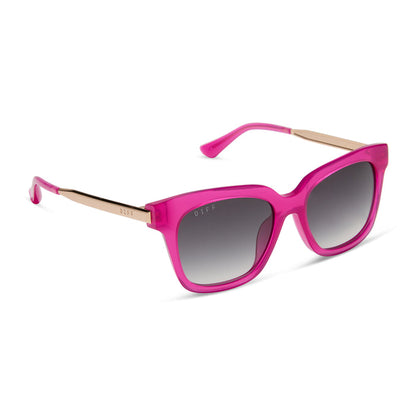 diff eyewear featuring the bella square sunglasses with a bright tulip with gold frame and grey gradient lenses angled view
