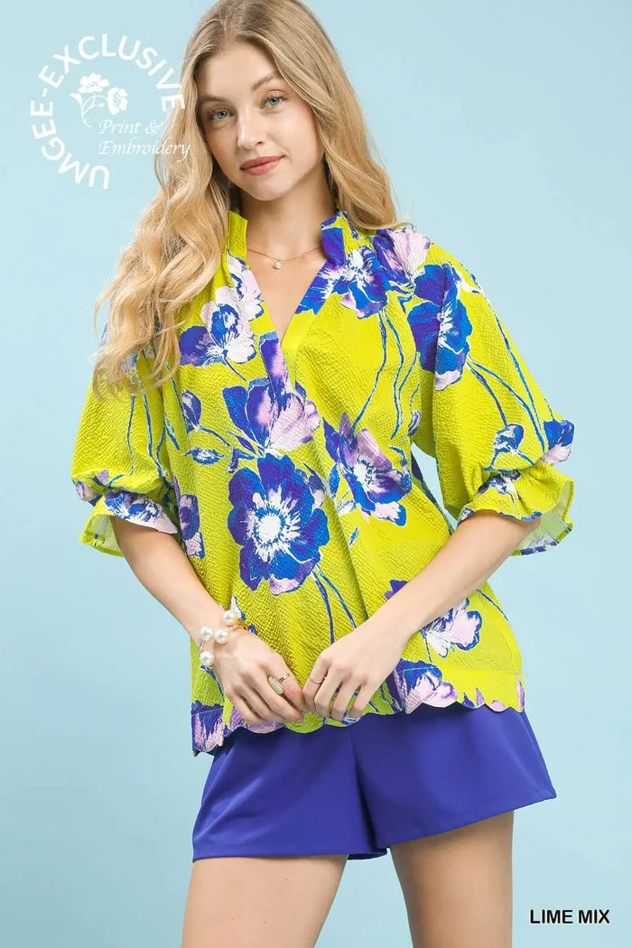 Big Bloom Print Seersucker Blouse