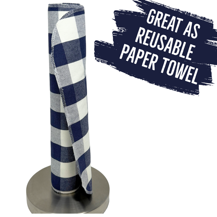 A set of four navy/blue and white gingham cloth napkins, made from 100% yarn-dyed flannel cotton, each measuring 14 by 14 inches.