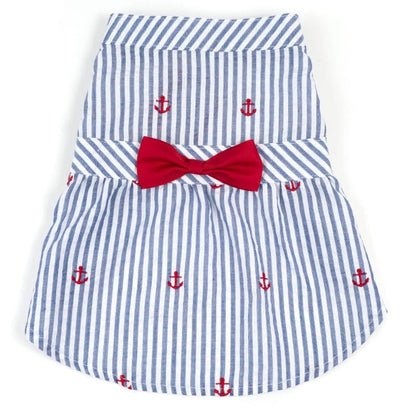 The Worthy Dog DRESSES XS Navy Blue Stripe with Red Anchors and Red Bow Summer Dog Dress