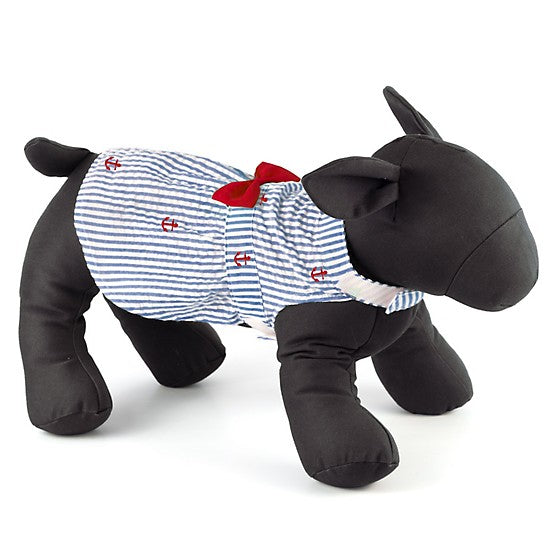 Blue Striped with Embroidered Red Anchors and Red Bow Summer Dog Dress