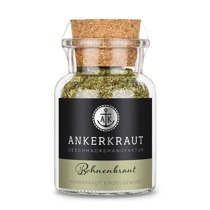 Bohnenkraut von Ankerkraut im Korkenglas auf weißem Hintergrund.