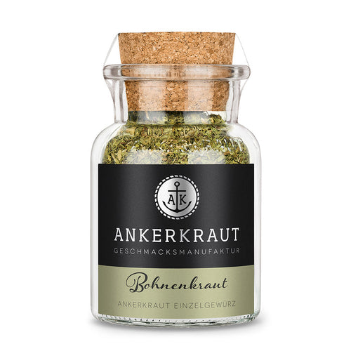 Bohnenkraut von Ankerkraut im Korkenglas auf weißem Hintergrund.