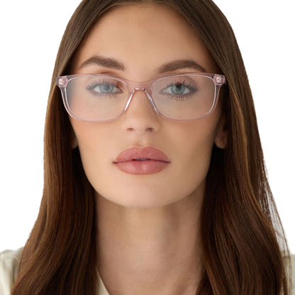 on model - female wearing diff eyewear featuring the bradford rectangle prescription glasses with a rose crystal frame front view