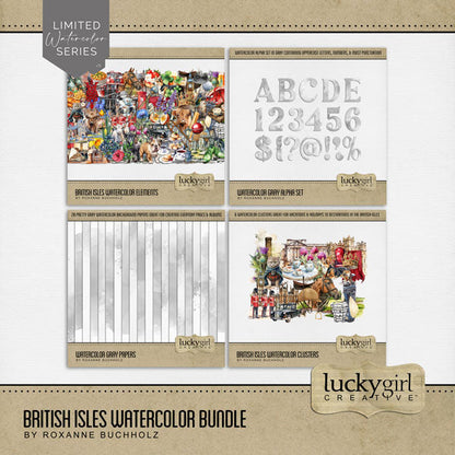 Add these beautiful watercolor embellishments, papers, clusters, and alpha set by Lucky Girl Creative digital art to all your digital scrapbooking pages to easily create memorable European pages and albums of Europe! Great for vacations and holidays to the British Isles including the United Kingdom, Republic of Ireland, England, Scotland, Wales, and Northern Ireland. Wonderful for all things English, Irish, Welsh, and Scottish. Embellishments include Highland cattle, cow, bulldog, dog, and more.
