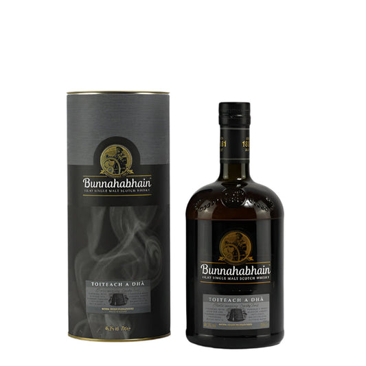 Bottle and packaging of Bunnahabhain whisky on a white background