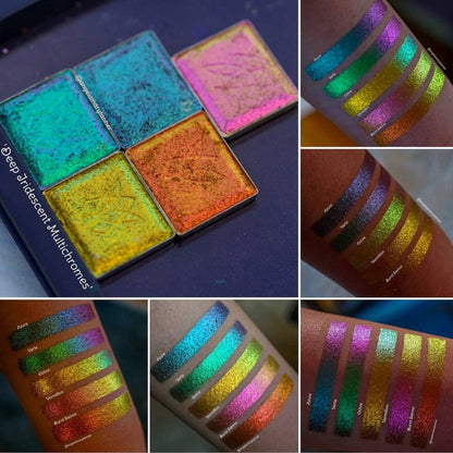 Collage of swatches of Burnt Sienna Deep Iridescent Multichrome Eyeshadow shifts compared to Azure, Verte, Ochre, Vermilion