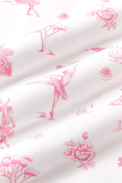 Close up of the bamboo fabric: A dusty rose toile print on a white background, featuring ballet dancers in tutus, small gazebos with stairs, water lilies on lily pads, reeds, rowboats, trees, swans, cygnets, and flowers.
