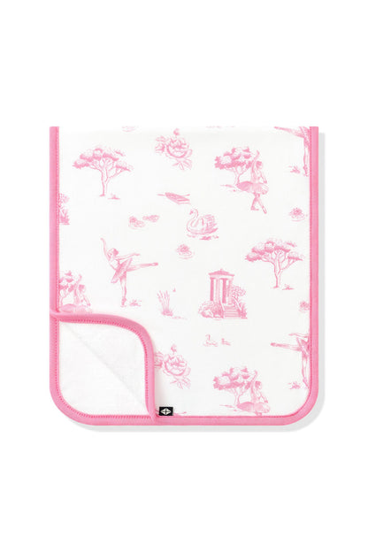 Burp Cloth in Toile Ballet folded in half with the corner folded up