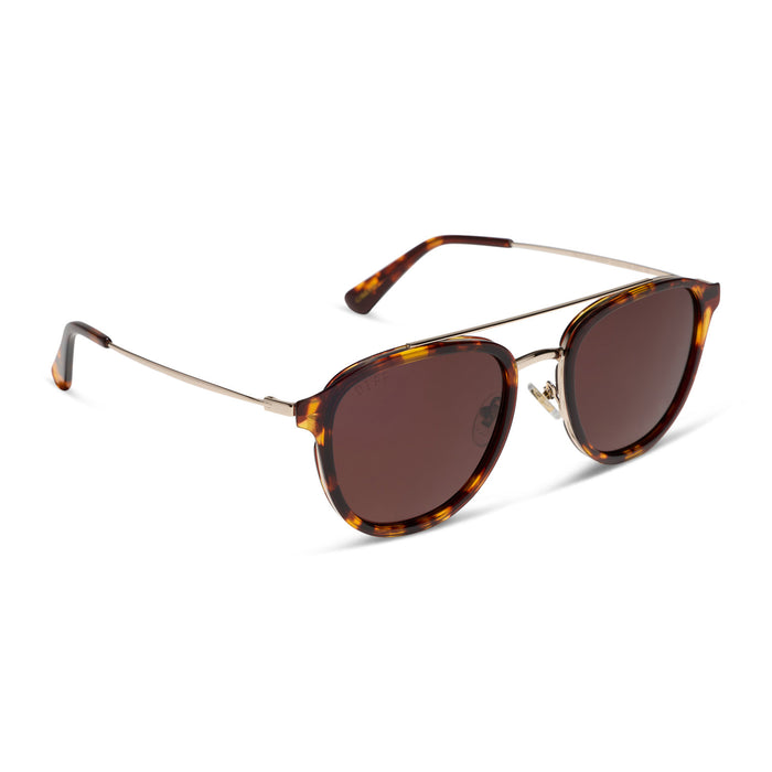 diff eyewear featuring the camden aviator sunglasses with a rich tortoise frame and brown polarized lenses angled view