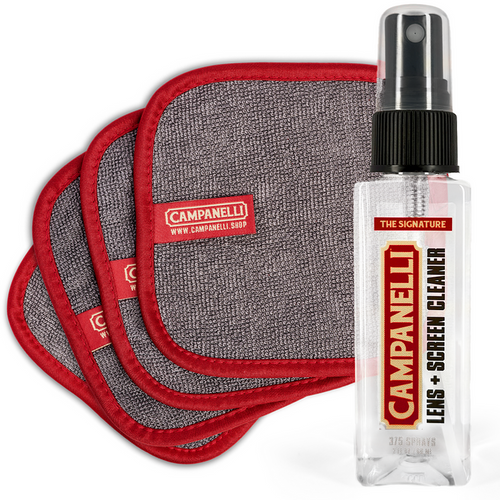 Campanelli lens and screen cleaner set with cloths and spray bottle on a white background