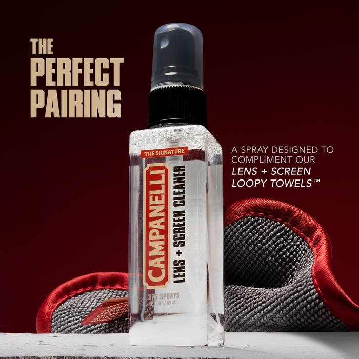 Campanelli lens and screen cleaner spray bottle with text on a red background