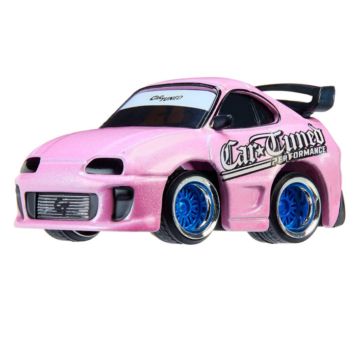 Pink toy car with blue wheel rims on a white background