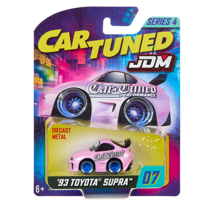Cartuned JDM toy car packaging with a pink '93 Toyota Supra', Series 4, on a white background.