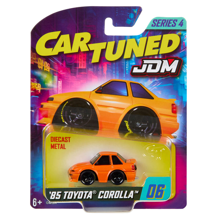 Packaged toy car of '85 Toyota Corolla with 'Car Tuned' and 'JDM' branding.