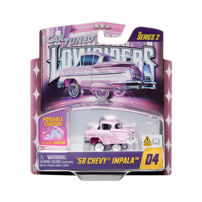 Pink '58 Chevy Impala toy car in packaging with 'Car Tuned' branding on a white background