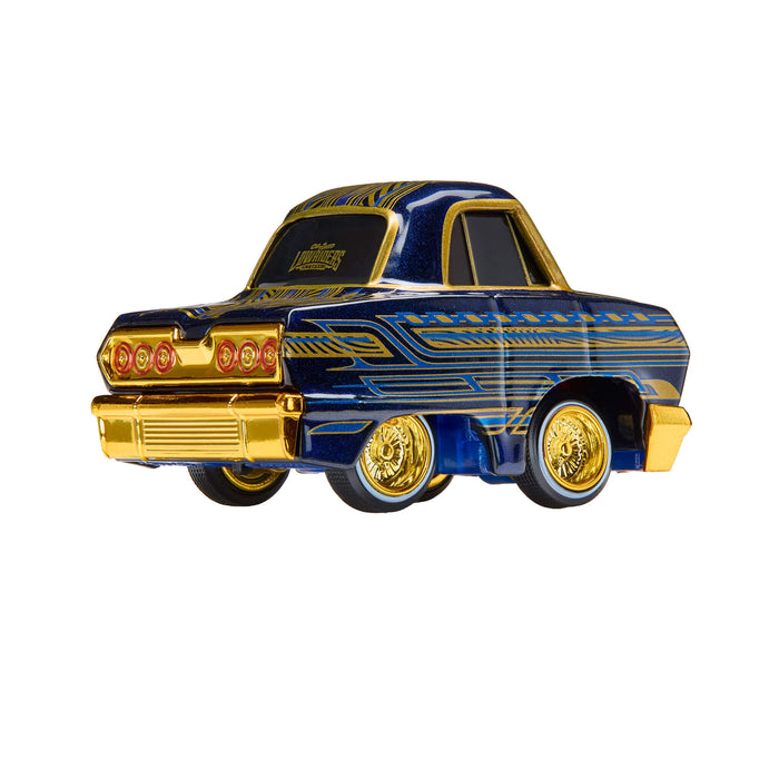 Model car with blue and gold design on a white background