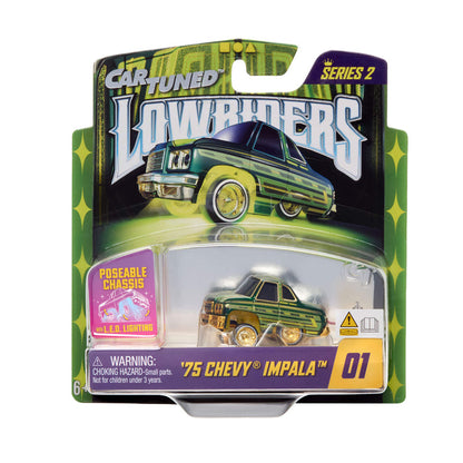 Car Tuned Lowriders '75 Chevy Impala toy car in packaging on a white background