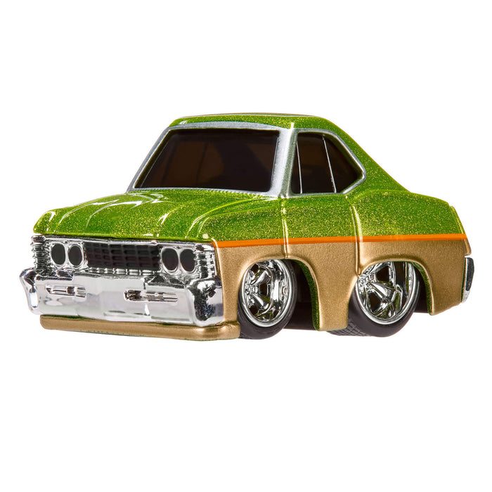 Model car with a green and gold body on a white background