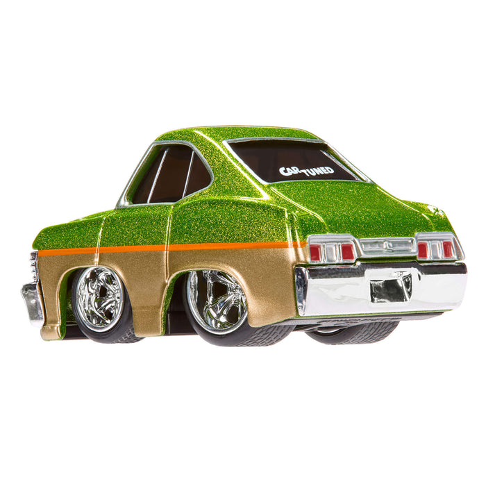 Model car with a green and gold body on a white background