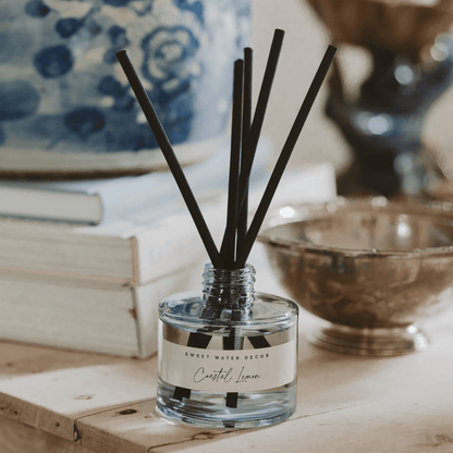 Coastal Lemon Blue Tinted Glass Jar Reed Diffuser - Sweet Water Decor - Reed Diffusers