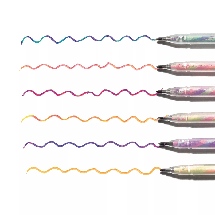 Image of Tutti Fruitti Gel Pens on white paper next to colorful swatches