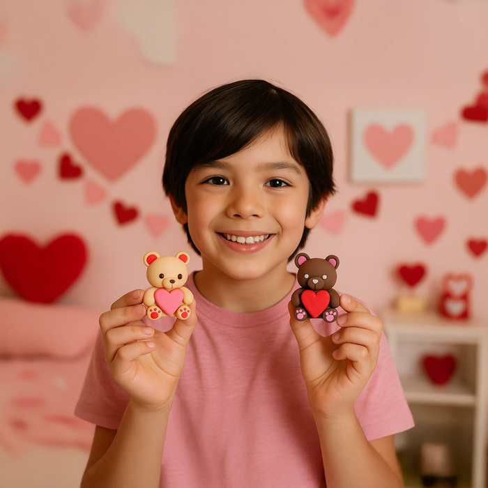 Kid holding up completed heart bears made with OOLY Creatibles Air Dry Clay BFFs Kit - Lovely Bears
