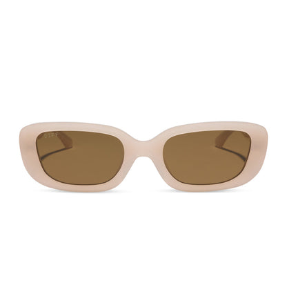 diff eyewear featuring the daphne ii rectangle sunglasses with a milky blush acetate frame and brown polarized lenses front view
