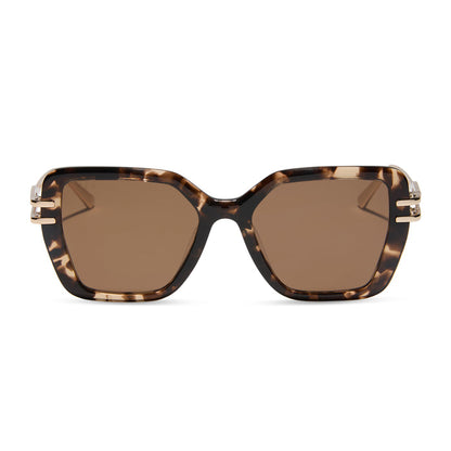 diff eyewear featuring the dasha square sunglasses with a espresso tortoise with gold frame and brown polarized lenses front view