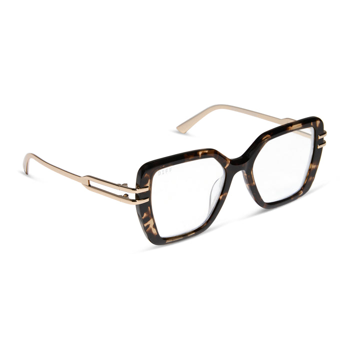diff eyewear dasha square oversized glasses with a espresso tortoise and gold frame angled view