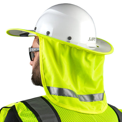 Lift Safety hi-vis lime hard hat sunshade shown worn by a worker on site