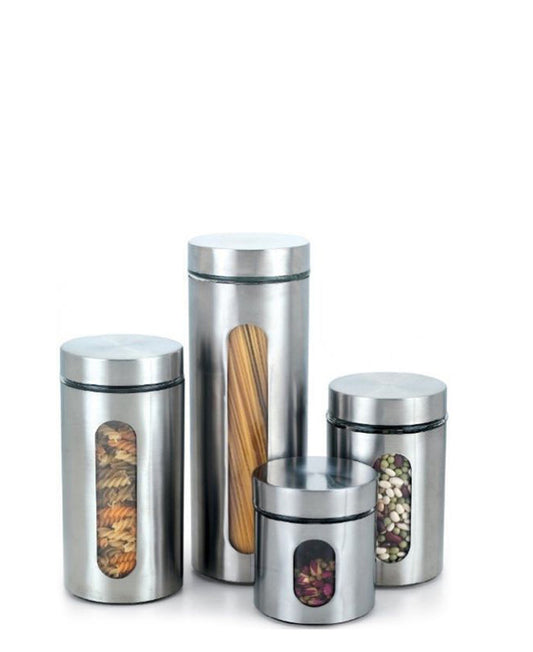 Decadent 4 Piece Glass Canister With Oval Window - Silver