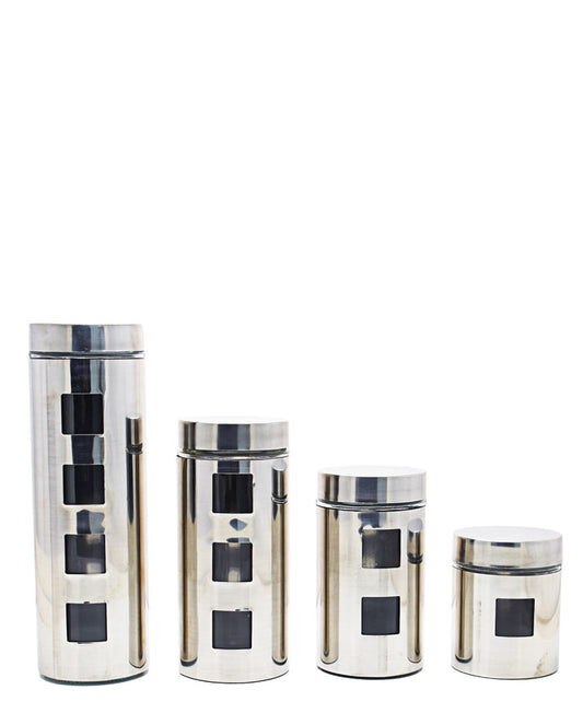 Decadent 4 Piece Glass Canister With Square Window - Silver
