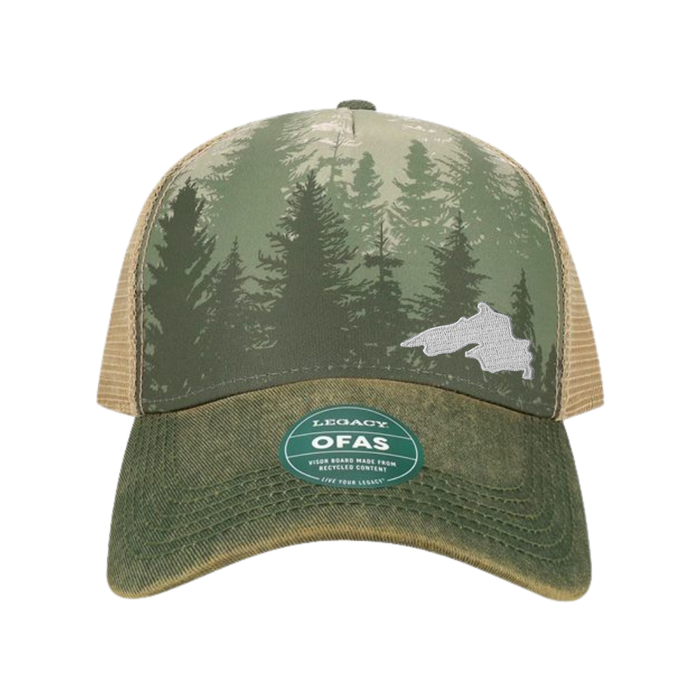 Trucker Hat with green bill and tan mesh sides and sublimated green forest trees image and a silver embroidered Lake Superior in the lower right corner.