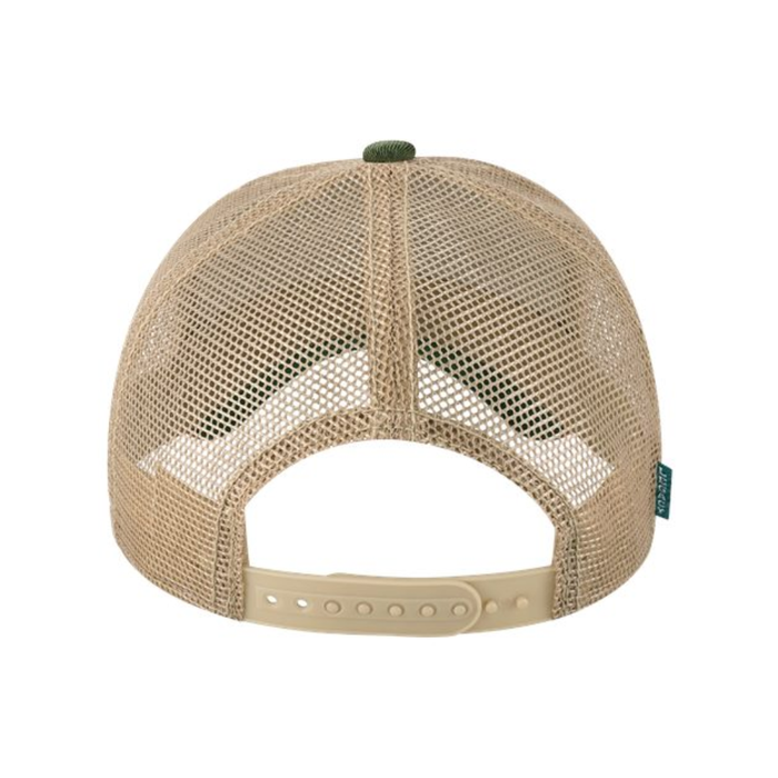 Snap back closure on trucker hat with tan mesh sides.