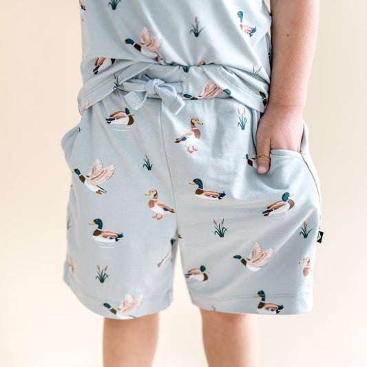 Close up of the Drawstring Short in Mallard Duck showing the side pockets and drawstring waistband
