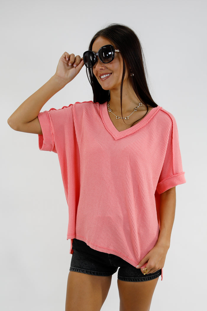 Easy Day Raised Rib Hi Low V Neck Top