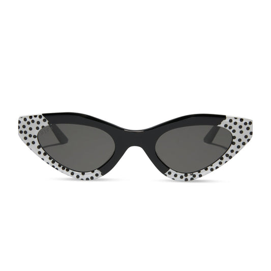 emily in paris x diff eyewear featuring the emily 2.0 cat eye sunglasses with a midnight polka dot frame and chic grey lenses front view