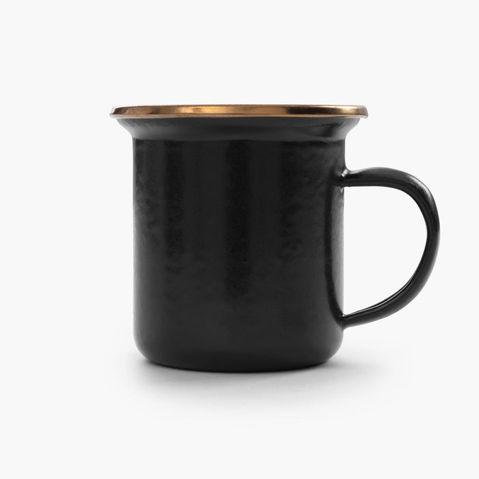 One black 5 oz enamel espresso cup with copper plated rim on a white background.