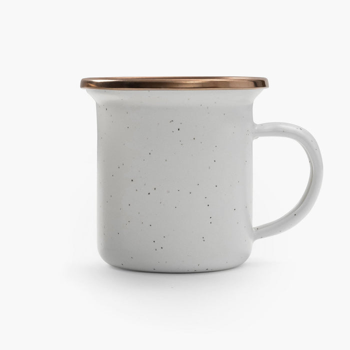5 oz speckled eggshell enamel espresso cup with copper plated rim on a white background.