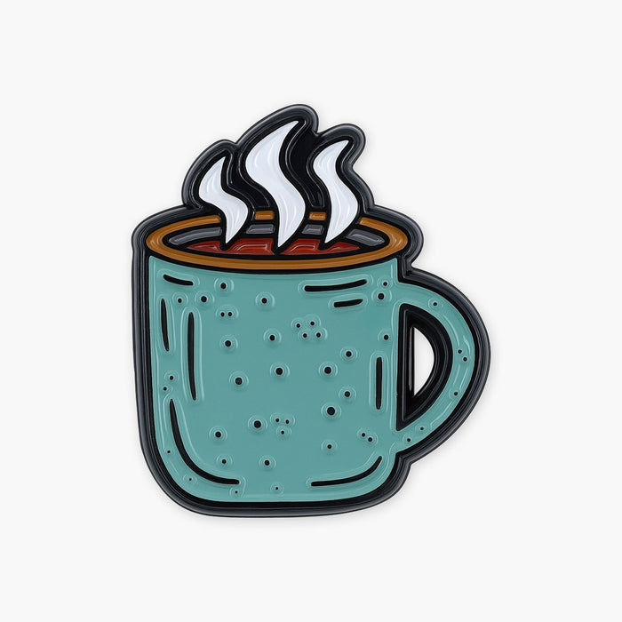Enamel pin of a teal mug with steam on a white background