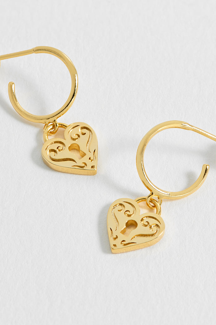 Engraved Heart Padlock Hoop Earrings