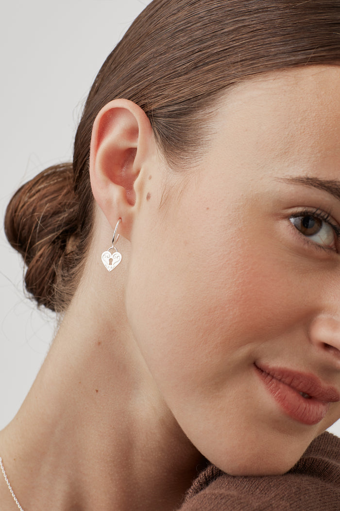 Engraved Heart Padlock Hoop Earrings