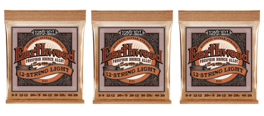 Ernie Ball 2153 Earthwood 12-String Acoustic Guitar Strings Phosphor Bronze Light 9-46 (3-Pack)