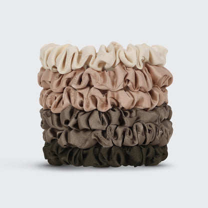 KITSCH Eucalyptus Ultra Petite Satin Scrunchies 6pc Set — product flat lay showing all 6 eucalyptus green mini satin scrunchies — eco-friendly satin for snag-free everyday styling