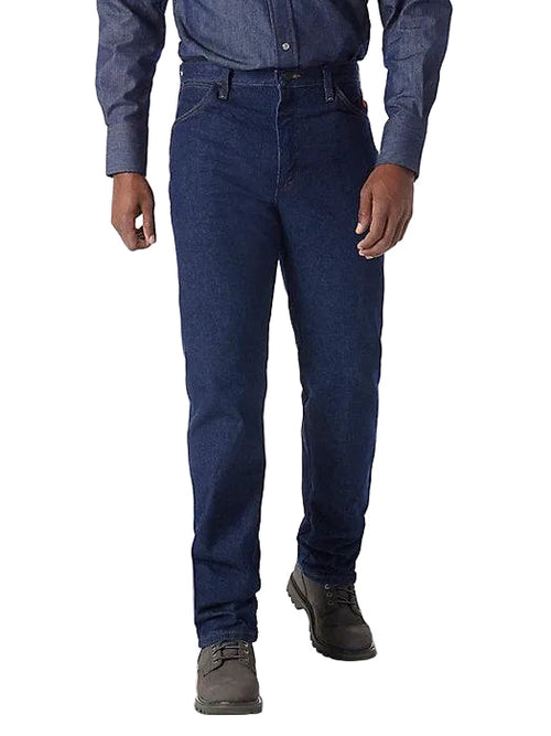 Wrangler flame resistant FR original fit work jean in prewash denim, main product view